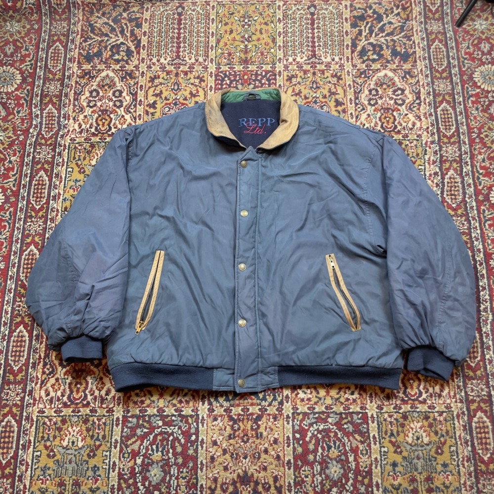 VTG 80s 90s Repp Navy Blue Bomber Jacket Leather Trim Mens 3XB Big and Tall Boxy